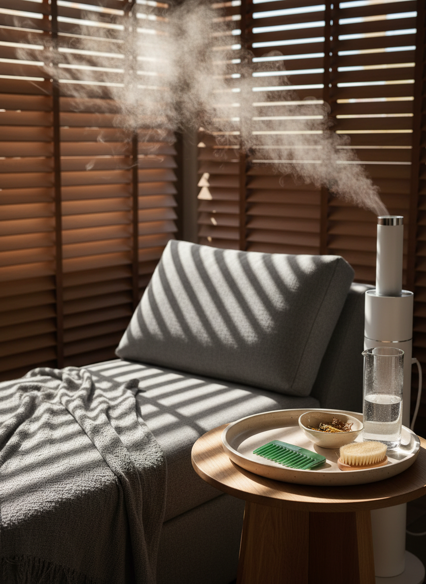 A tranquil spa-capilar corner dedicated to scalp rituals, featuring a low, cushioned recliner draped in a stone-gray linen throw, beside a small, round oak table. On the table, a handcrafted ceramic tray holds a jade scalp comb, a natural bristle brush, a small bowl of infused oils, and a glass carafe of water beading with condensation. A slim-necked steamer releases a continuous, delicate cloud of warm vapor into the air. Natural daylight streams through slatted wooden blinds, casting soft linear shadows across the scene. Photographic realism, shot at a three-quarter angle, with a soothing, refined atmosphere that communicates mindful hair and scalp care.