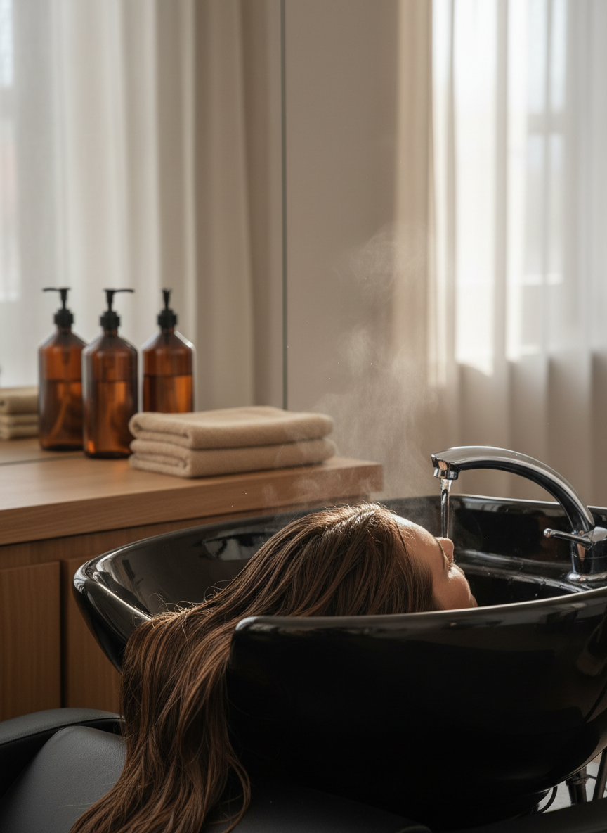 A luxurious hair-washing station in a high-end hair studio, featuring a sculpted matte-black ceramic basin cradling long, glossy brunette hair. Elegant chrome fixtures pour a gentle stream of warm water over the scalp, with delicate steam rising and catching the light. A folded, sand-colored towel and amber glass ritual bottles sit neatly on a warm oak shelf behind. Soft, natural daylight filters through sheer linen curtains, creating a serene spa-like glow. Photographic realism, shot at eye level with a shallow depth of field, focusing sharply on the water caressing the hair while the background fades into a creamy, sophisticated blur.