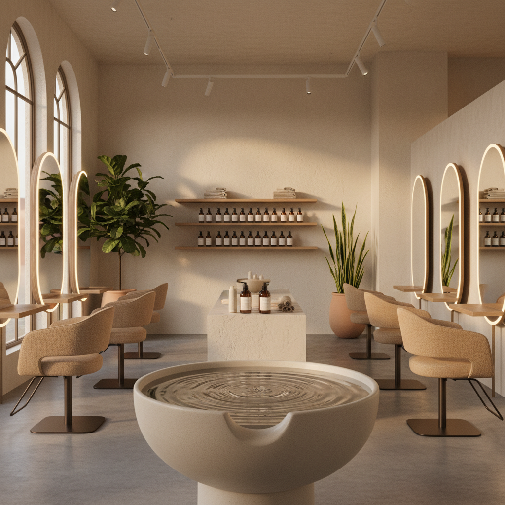 An atmospheric wide shot of Saløn33’s interior interpreted as a sanctuary-like hair studio: minimalist styling chairs upholstered in textured sand-colored fabric facing sleek, backlit mirrors, with floating oak shelves holding artisanal haircare bottles and folded linen towels. A central island features a sculptural ceramic basin with gently running water, sending subtle ripples across the surface. Tall indoor plants and a textured plaster wall add organic warmth. Golden hour sunlight pours through large windows, creating long, soft shadows and highlights on the polished concrete floor. Photographic realism, composed with the rule of thirds, inviting, calm, and sophisticated, suggesting a blend of hair artistry and wellness rituals.