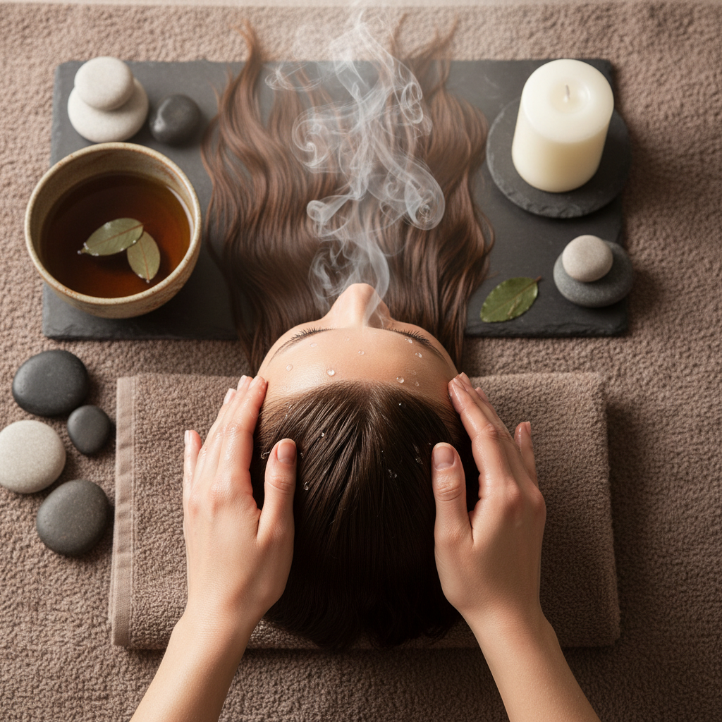 A close-up of a serene spa-capilar ritual scene: a clean, hydrated scalp and silky hair resting on a plush, taupe towel, with several practiced hands gently massaging in a pearly, botanical treatment cream. Tiny water droplets glisten along the hairline, and a fine mist of warm steam swirls in the air above. Surrounding the head, smooth river stones, a ceramic bowl of herbal infusion, and a single white candle on a slate tray set the tone. Soft, diffused natural light from the side creates a tranquil, cocoon-like mood. Photographic realism, shot from above with shallow depth of field emphasizing touch, texture, and deep relaxation.