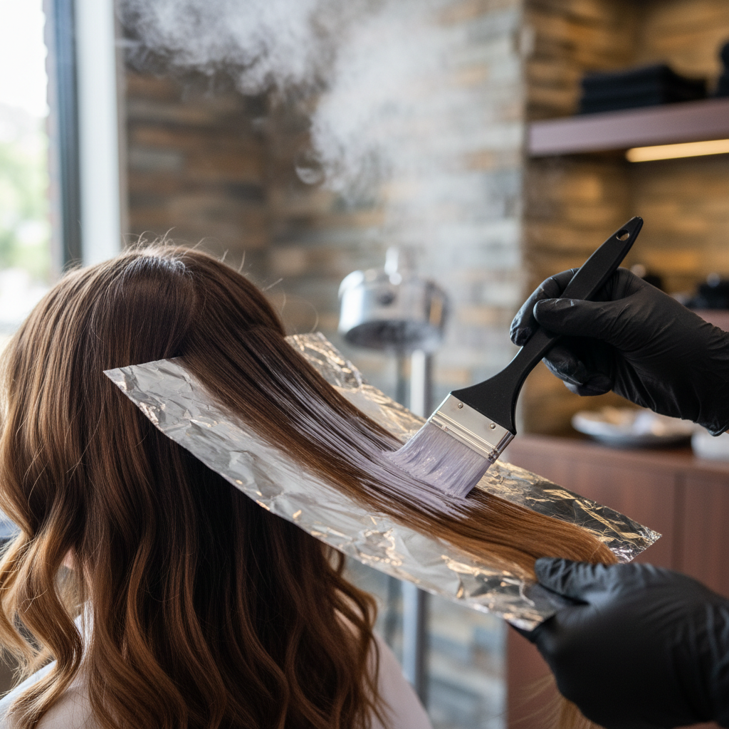 An intimate macro photograph of a foilayage process in progress: individual strands of warm brunette hair separated cleanly, resting on a shimmering strip of foil, as a creamy, cool-toned lightener is being delicately brushed on by expertly positioned, gloved hands. The bristles leave precise, feathered strokes that fade seamlessly toward the roots. Soft steam from a nearby spa steamer subtly hazes the background, where blurred shapes of natural stone and wood textures appear. Side lighting from a large window creates luminous highlights on hair and foil, emphasizing depth and dimension. Photographic realism, with ultra-shallow depth of field, creating a modern, luxurious, and artisanal feel.